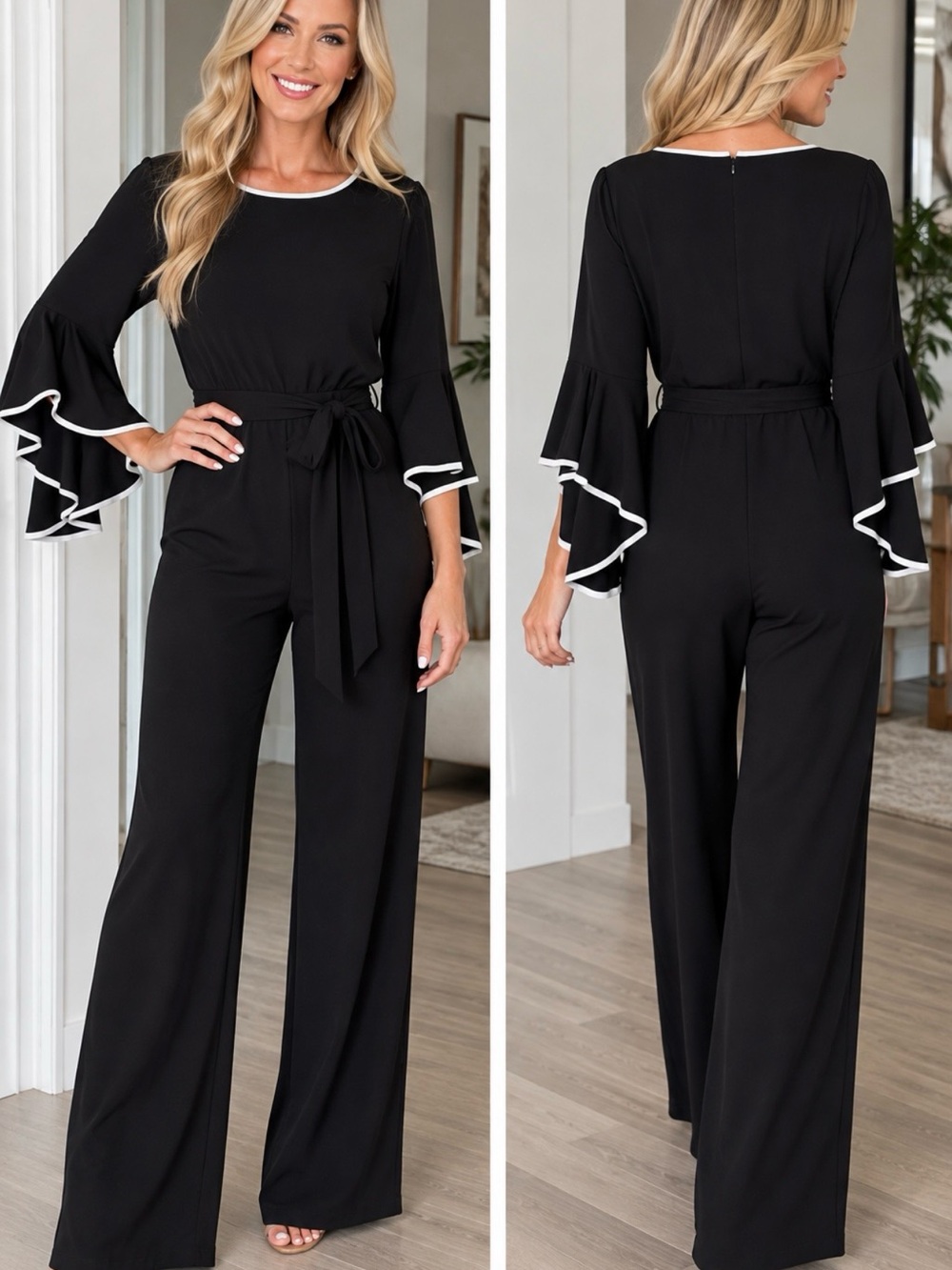 Roz & Ali Black Jumpsuit with White Trim and Ruffle Sleeves